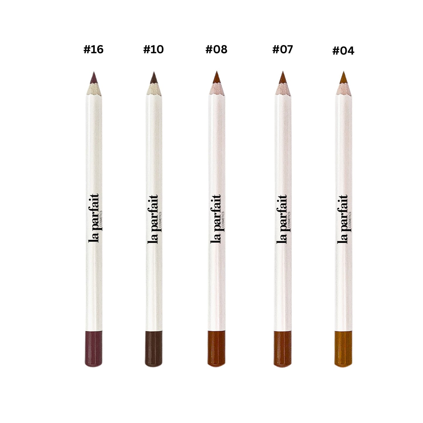 Five eyeliner pencils with different color tips and 'la parfait cosmetics' branding on a white background.