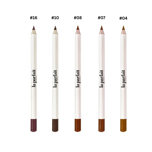 Five eyeliner pencils with different color tips and 'la parfait cosmetics' branding on a white background.