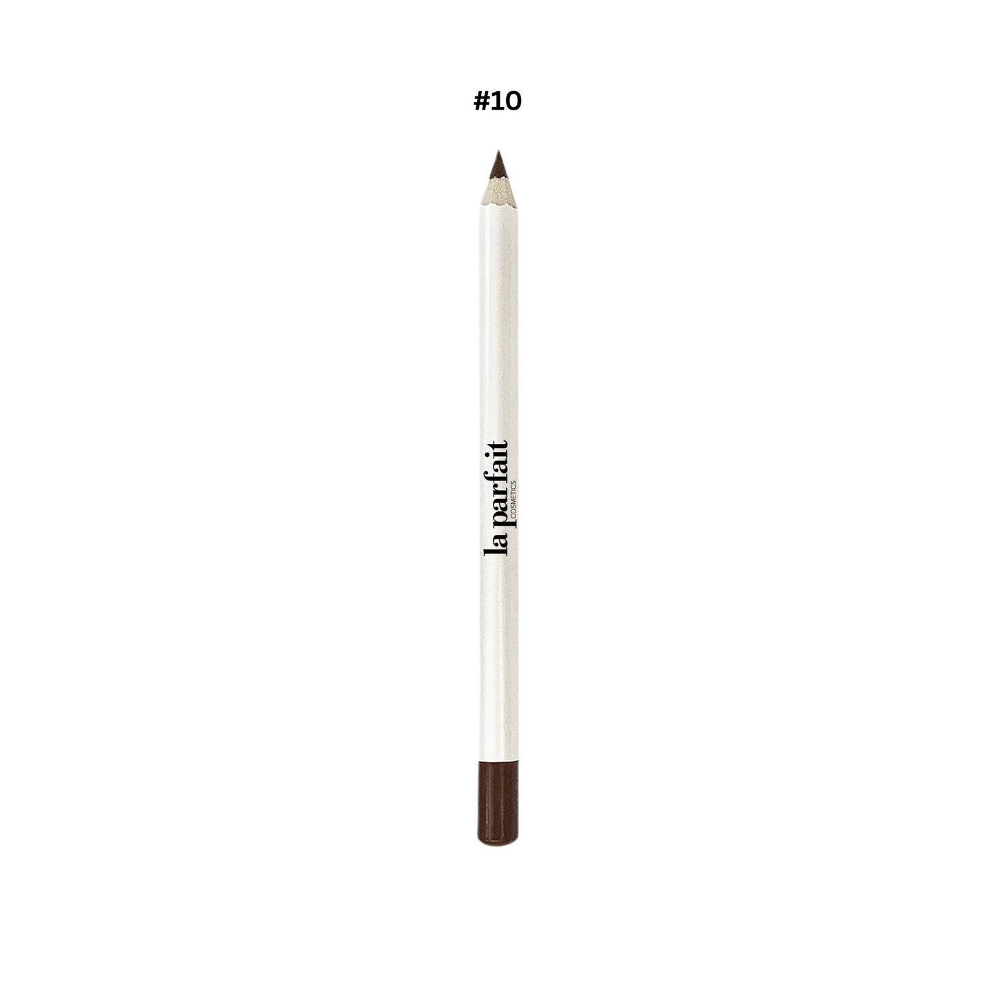 Eyebrow pencil with dark brown tip and white body on a white background
