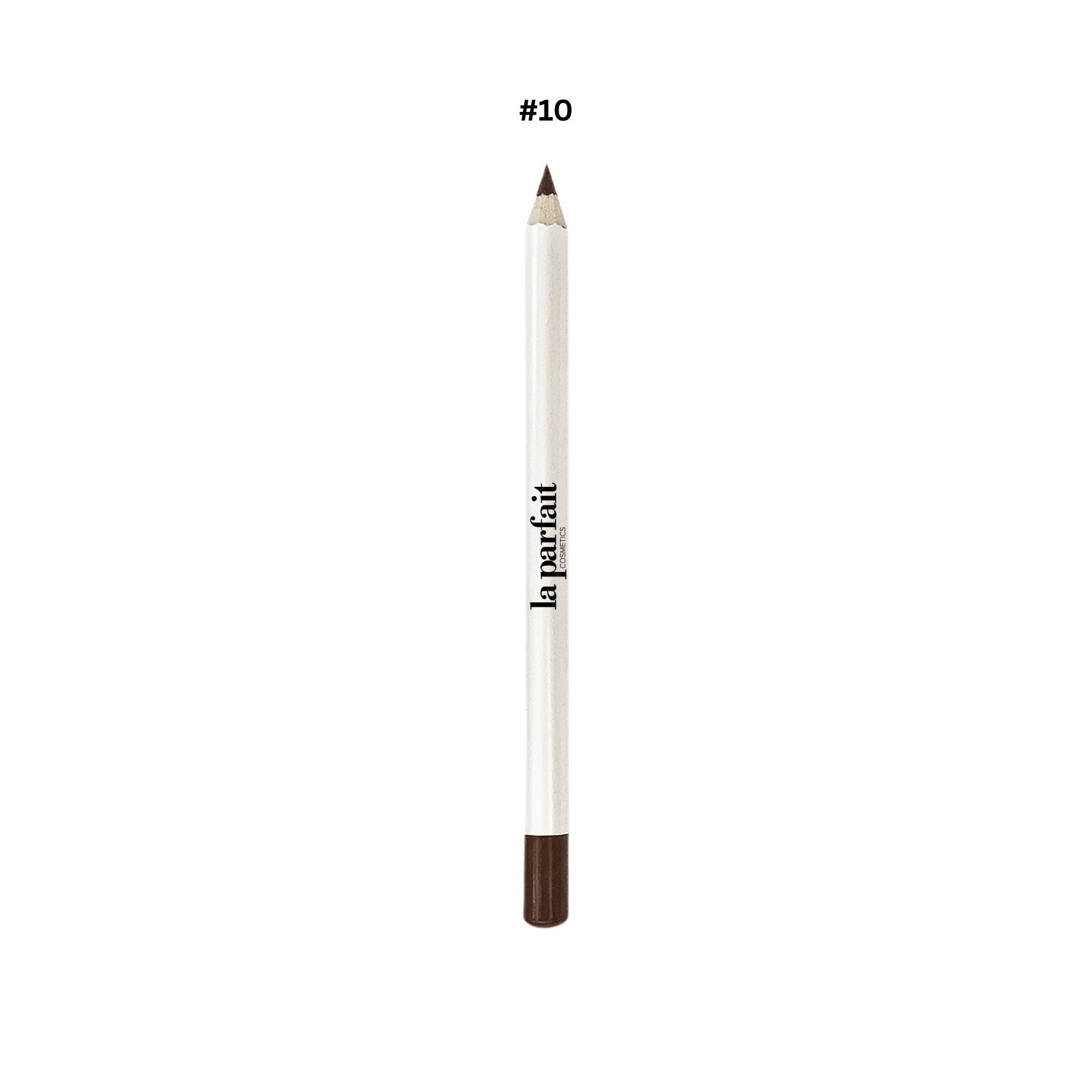 Eyebrow pencil with dark brown tip and white body on a white background