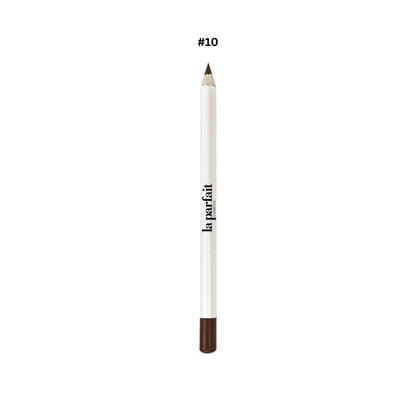 Eyebrow pencil with dark brown tip and white body on a white background